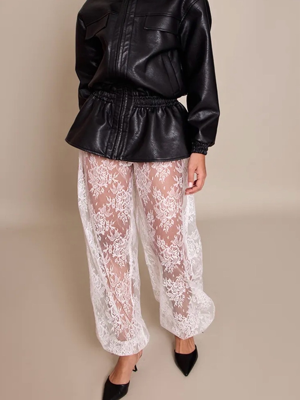 PrettyLittleThing women’s White Lace Pants - Sheer Floral Trousers